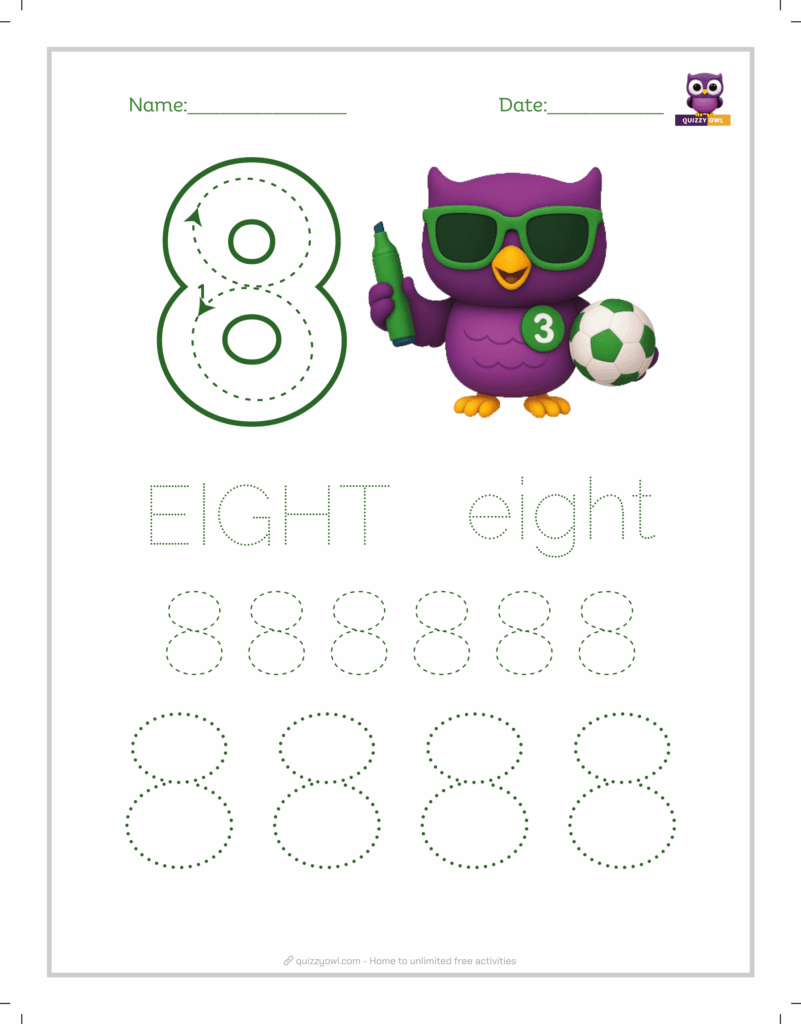 Number 8 tracing worksheet with dotted loops for preschoolers.
