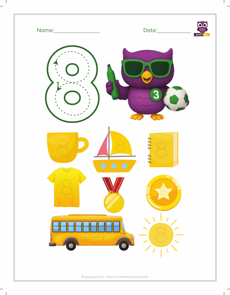 Playful number 8 tracing worksheet with dotted guidelines.