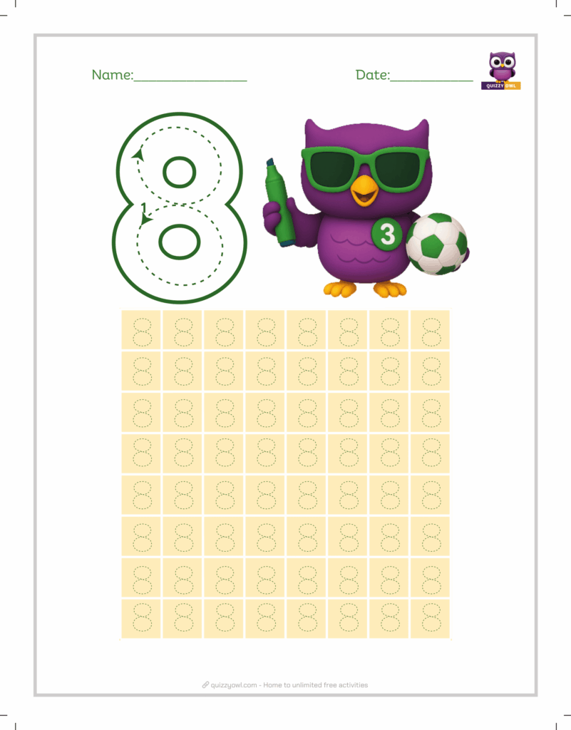 Minimalist number 8 tracing worksheet for early learners.