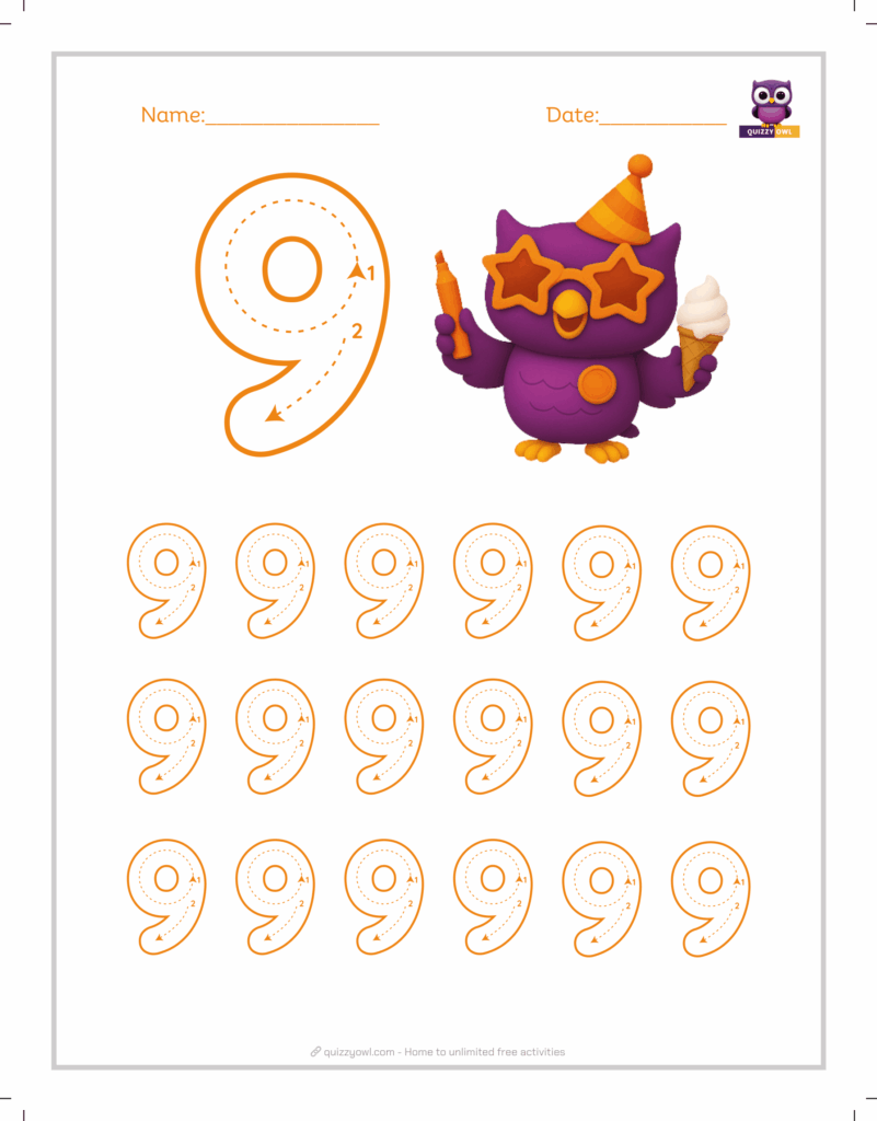 Number 9 tracing worksheet with dotted outline for kids.