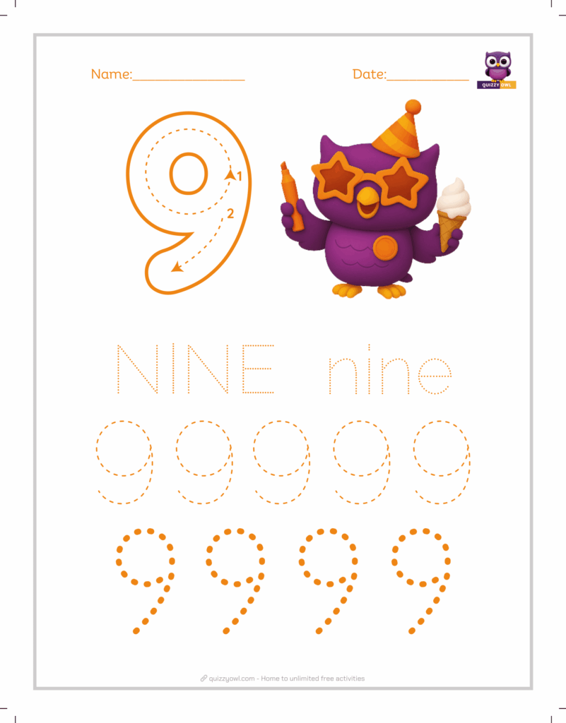 Large dotted number 9 tracing worksheet for beginners.