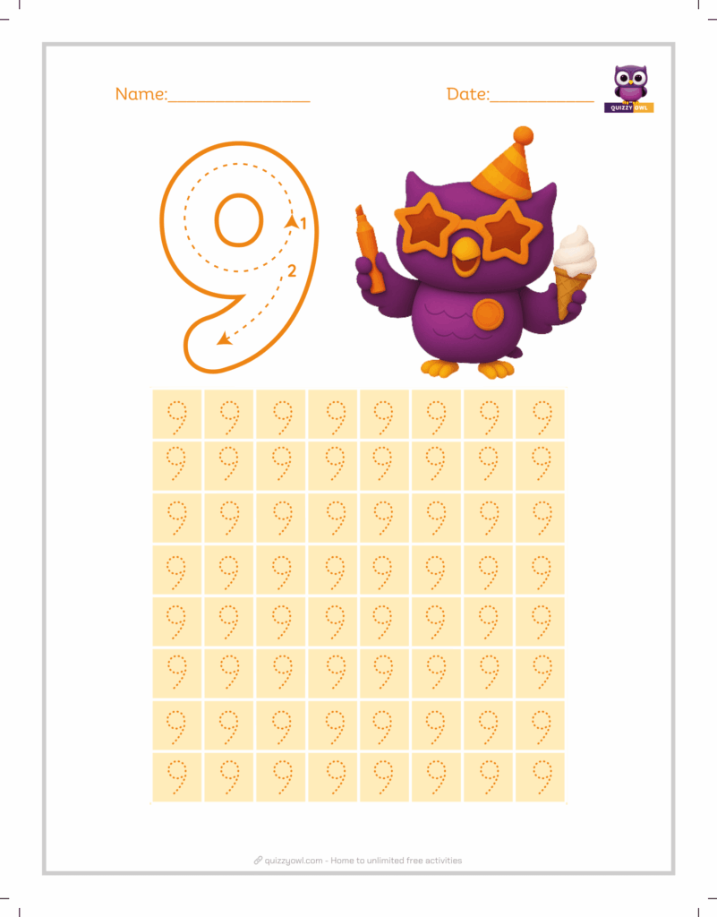 Minimalist number 9 tracing worksheet for early learners.