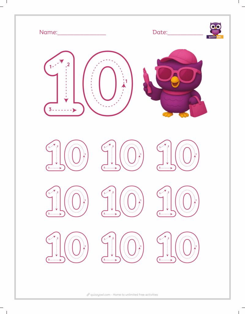Number 10 tracing worksheet with dotted outlines for kids.