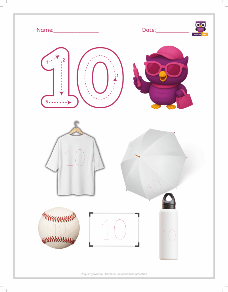 Dotted number 10 tracing worksheet for beginners.