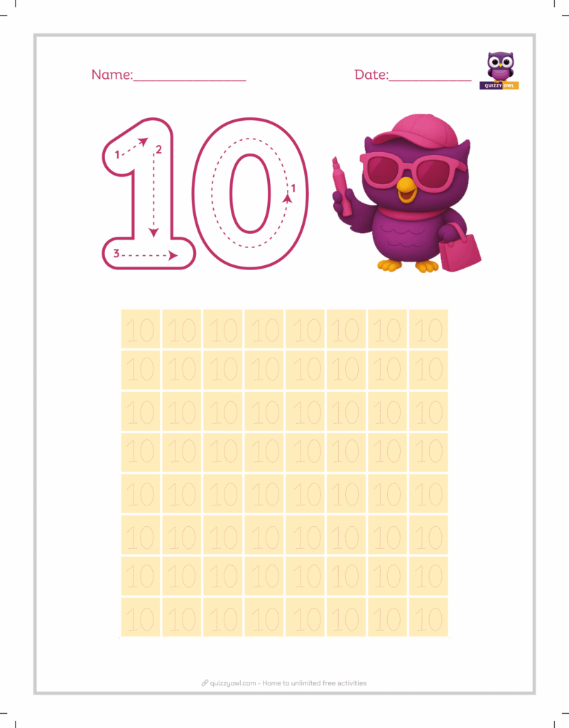 Simple number 10 tracing worksheet for early learners.