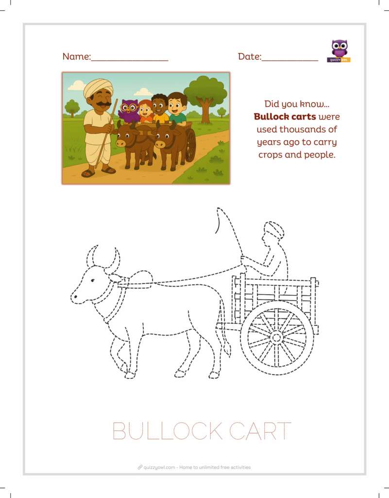 Bullock cart tracing sheet for kids to learn and color.