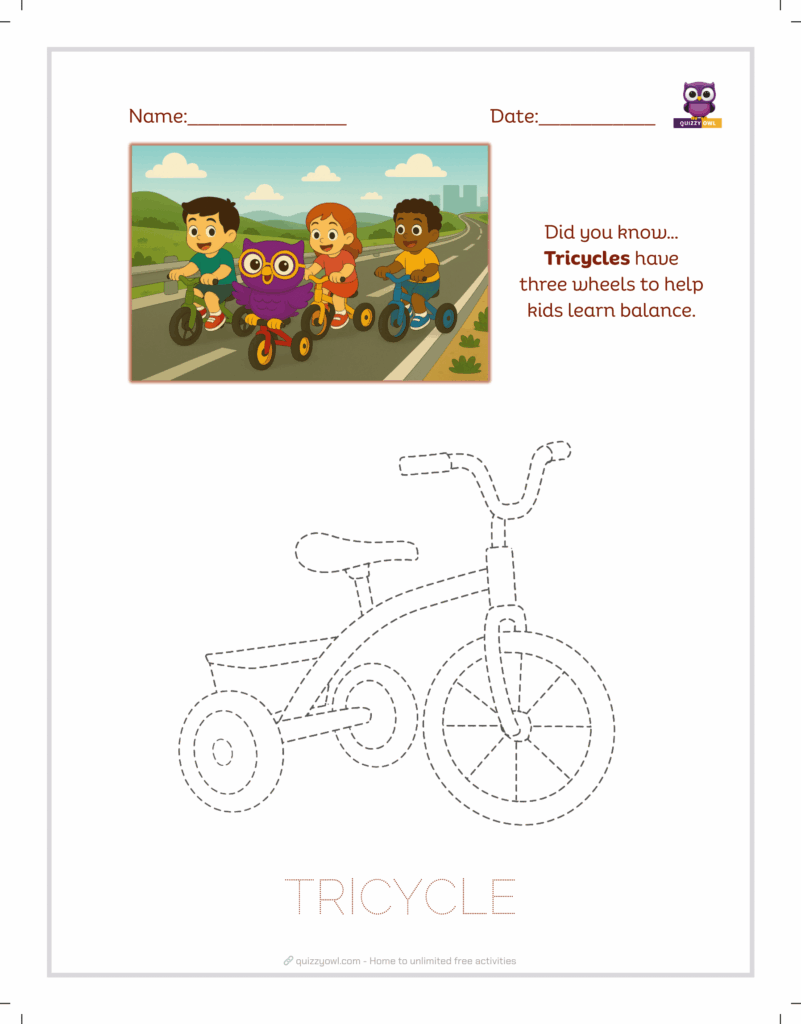Tricycle tracing sheet for children’s skill-building.