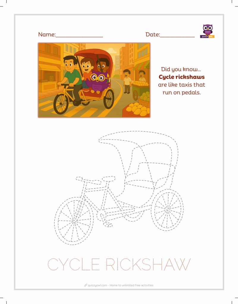 Cycle rickshaw tracing sheet for kids’ transport learning.
