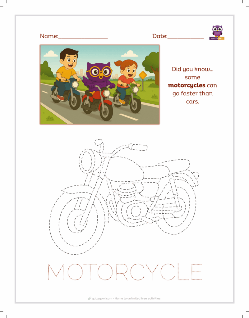 Motorcycle tracing sheet for children’s skill development.