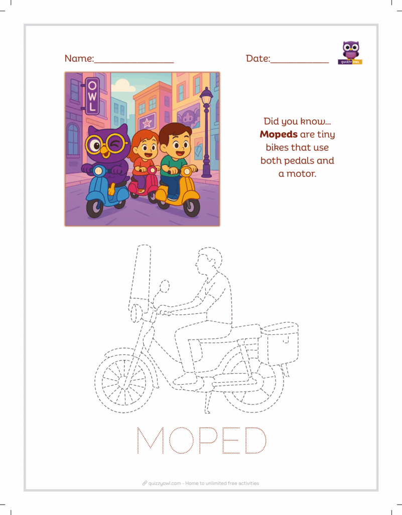 Moped tracing sheet for creative kids’ learning.