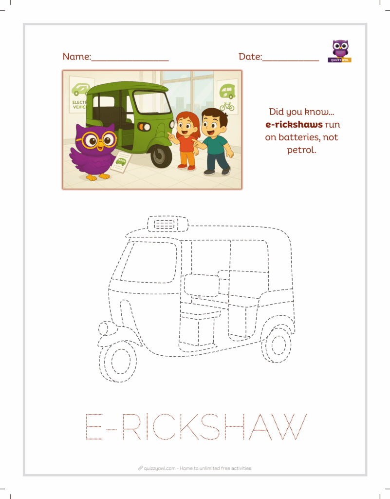 E-rickshaw tracing sheet for eco-friendly transport learning.