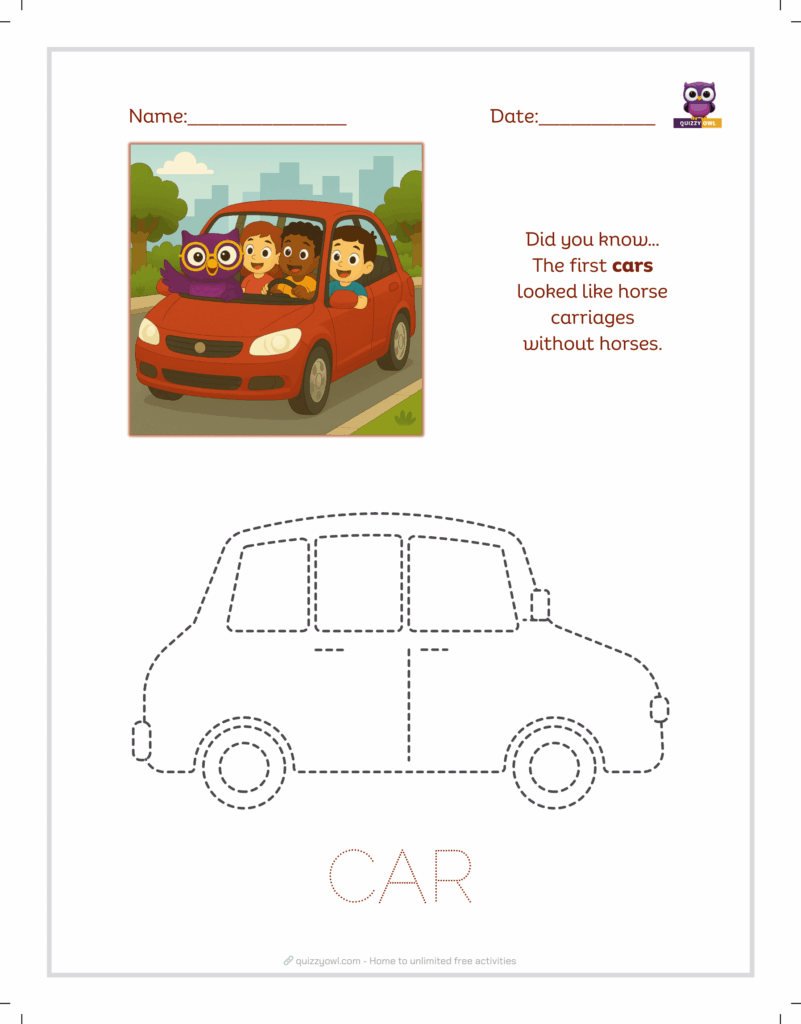 Car tracing sheet for preschool vehicle activities.