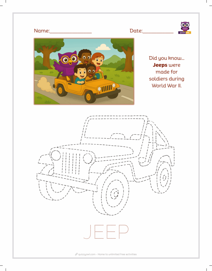 Jeep tracing sheet for off-road vehicle learning.