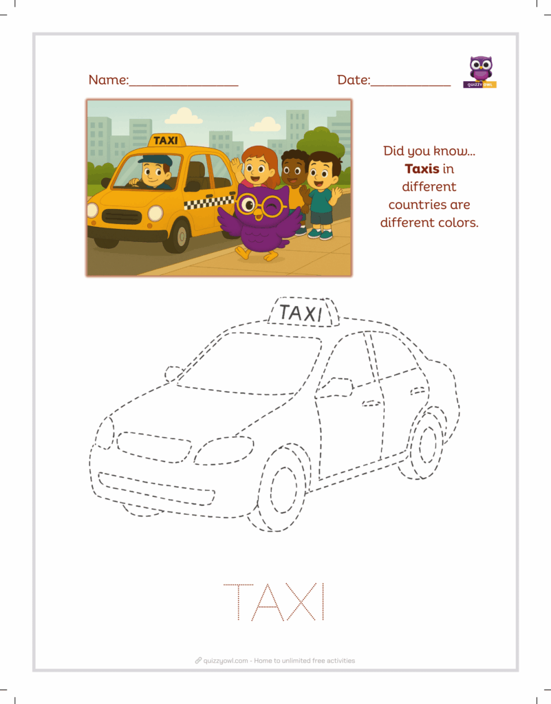 Taxi tracing sheet for early learners.