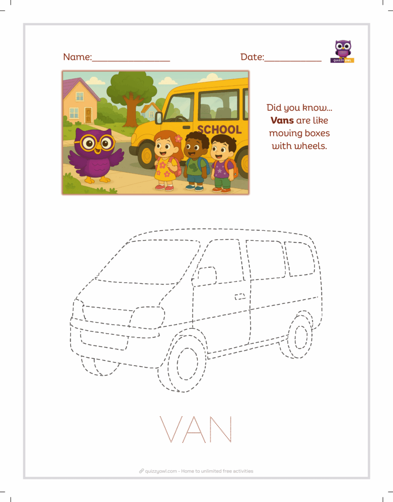 Van tracing sheet for children’s transport learning.