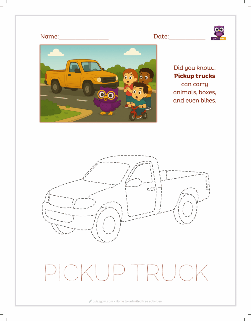 Pickup truck tracing sheet for kids’ transport activities.