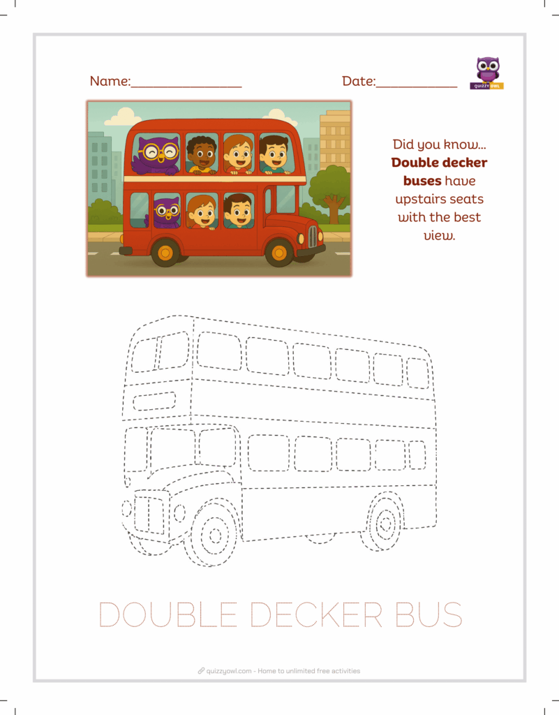 Double decker bus tracing sheet for transport education.
