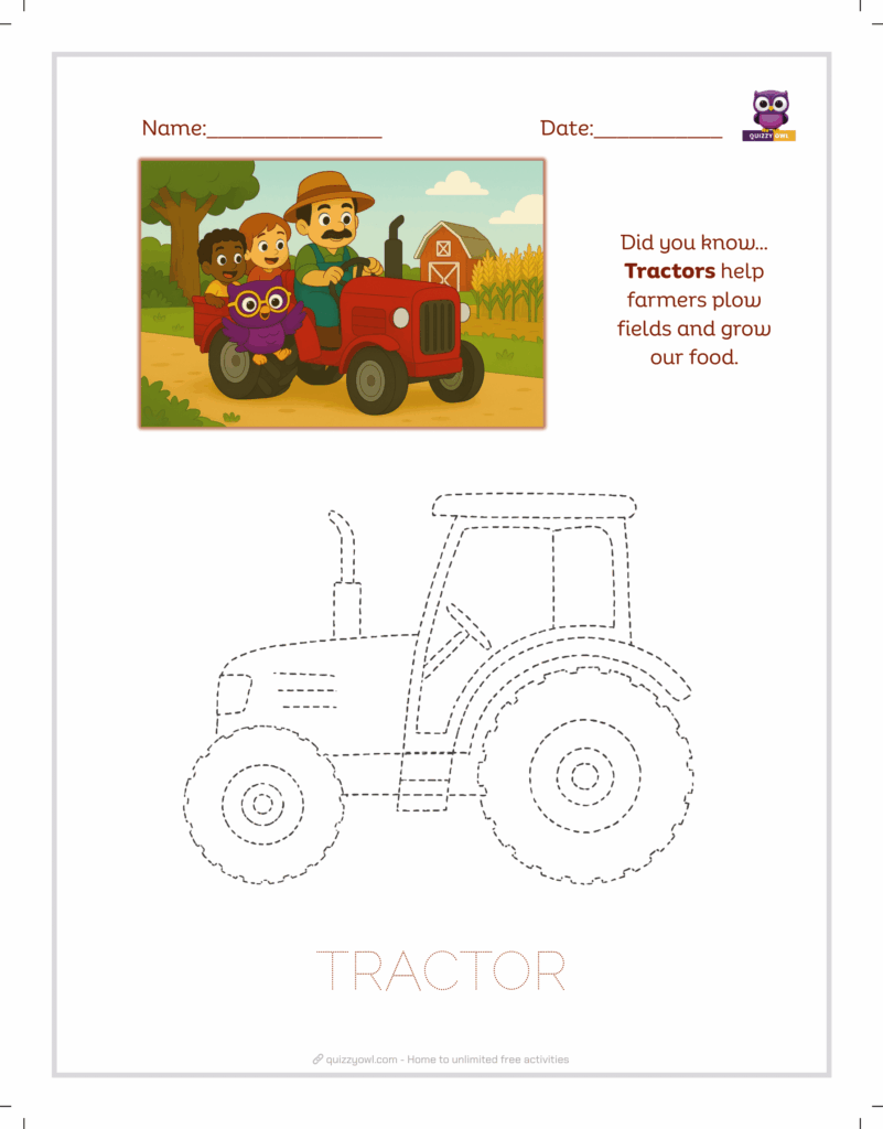 Tractor tracing sheet for farm vehicle learning.