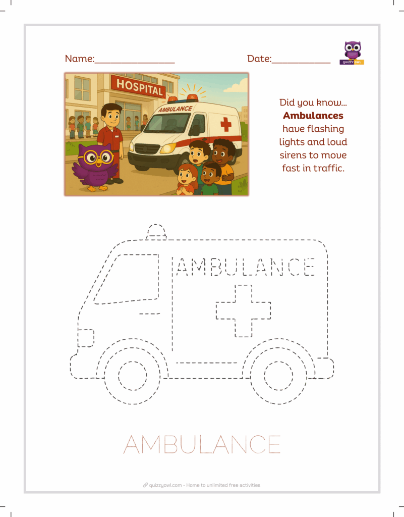 Ambulance tracing sheet for emergency vehicle learning.