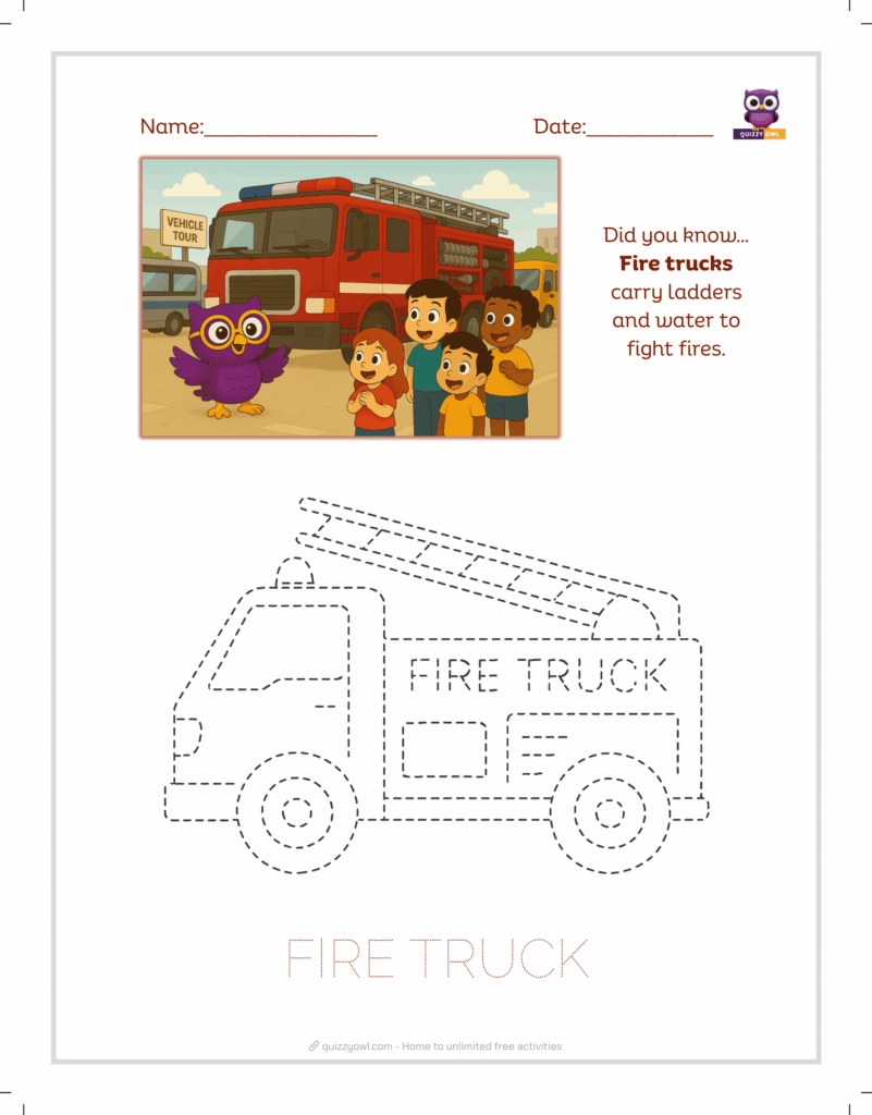 Fire truck tracing sheet for preschool activities.