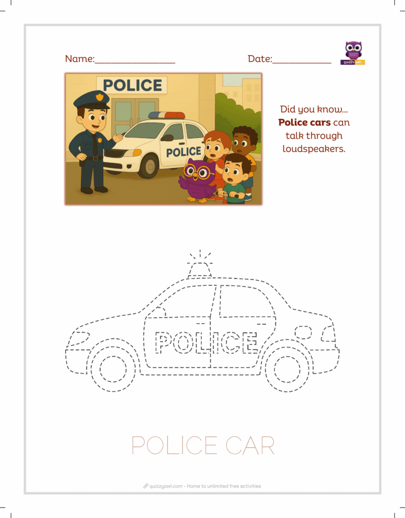 Police car tracing sheet for emergency transport learning.