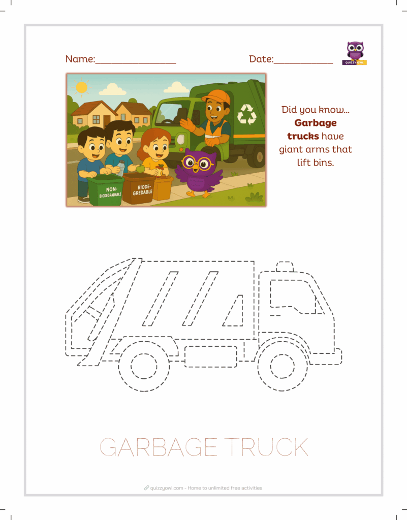 Garbage truck tracing sheet for waste management learning.