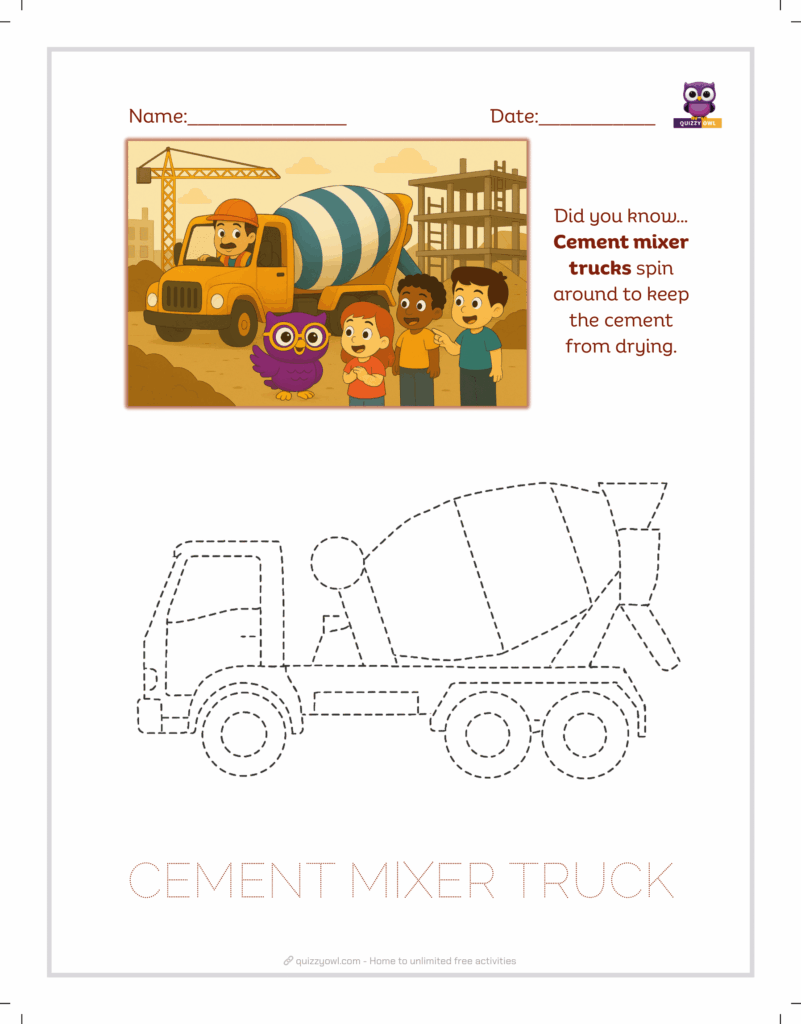 Cement mixer truck tracing sheet for construction learning.