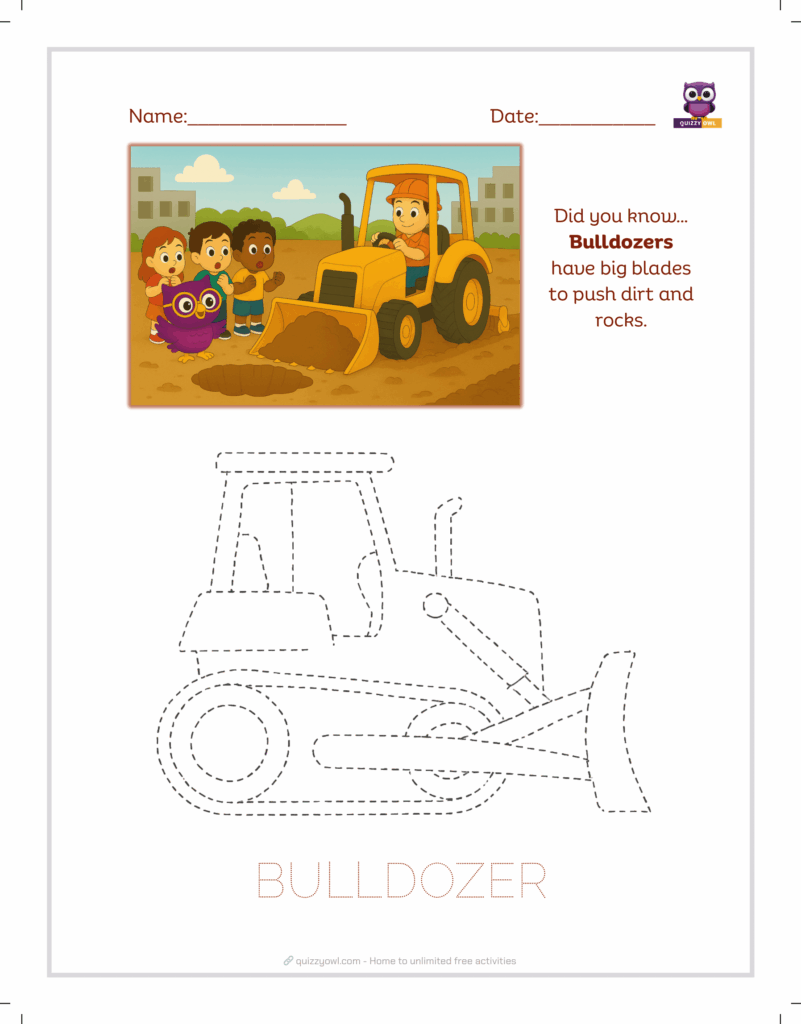 Bulldozer tracing sheet for kids learning construction vehicles.