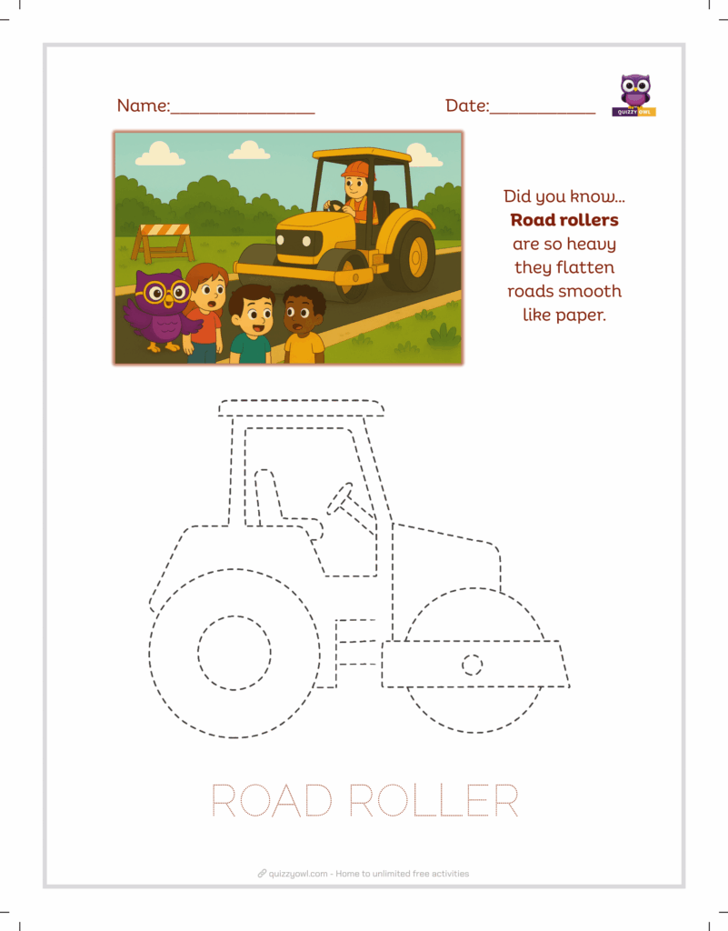 Road roller tracing sheet for young learners.