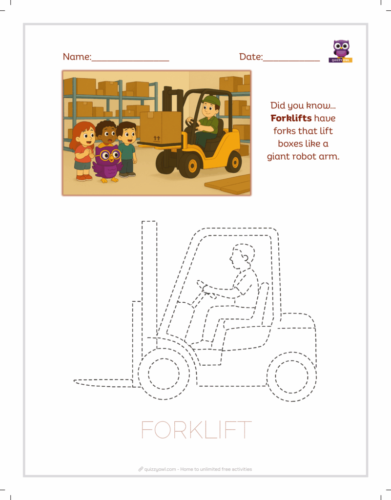 Forklift tracing sheet for construction and warehouse learning.