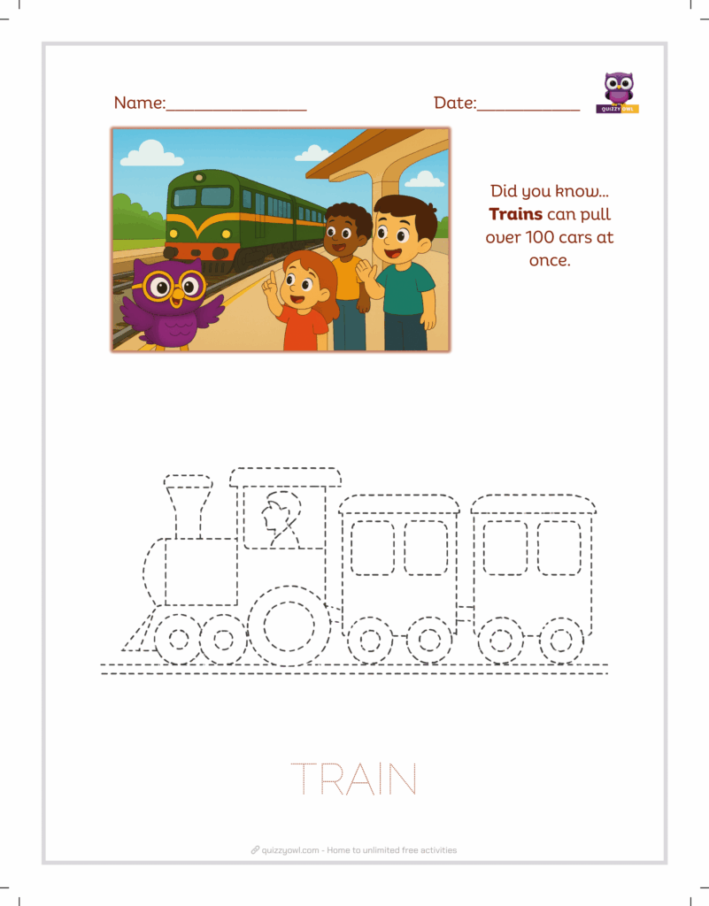 Train tracing sheet for children’s transport learning.