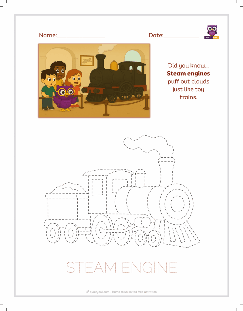 Steam engine tracing sheet for history and transport learning.