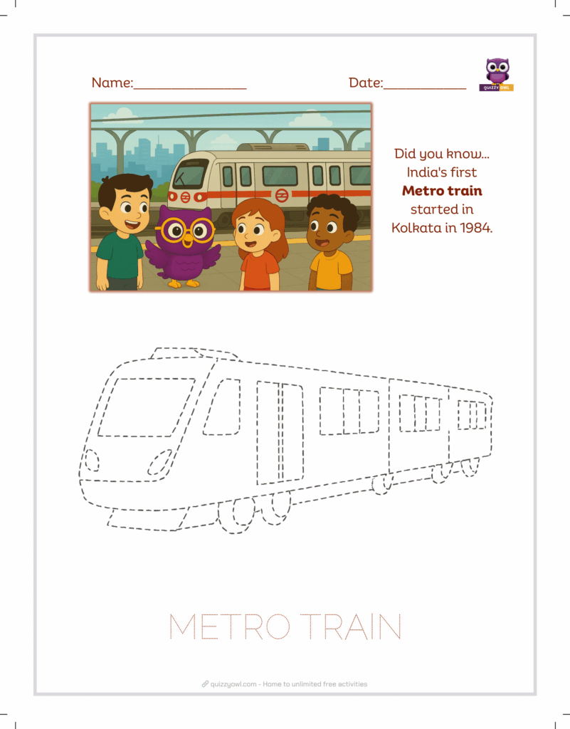 Metro train tracing sheet for kids learning urban transport.
