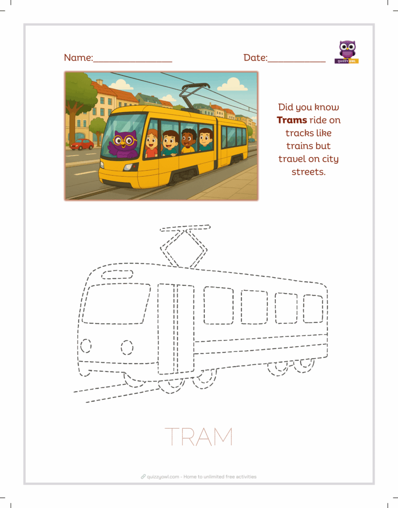 Tram tracing sheet for young learners.