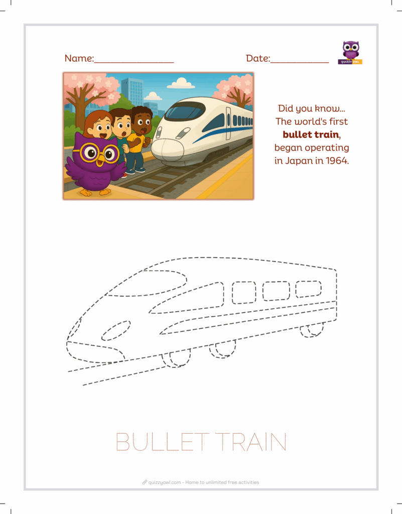 Bullet train tracing sheet for speed and transport learning.