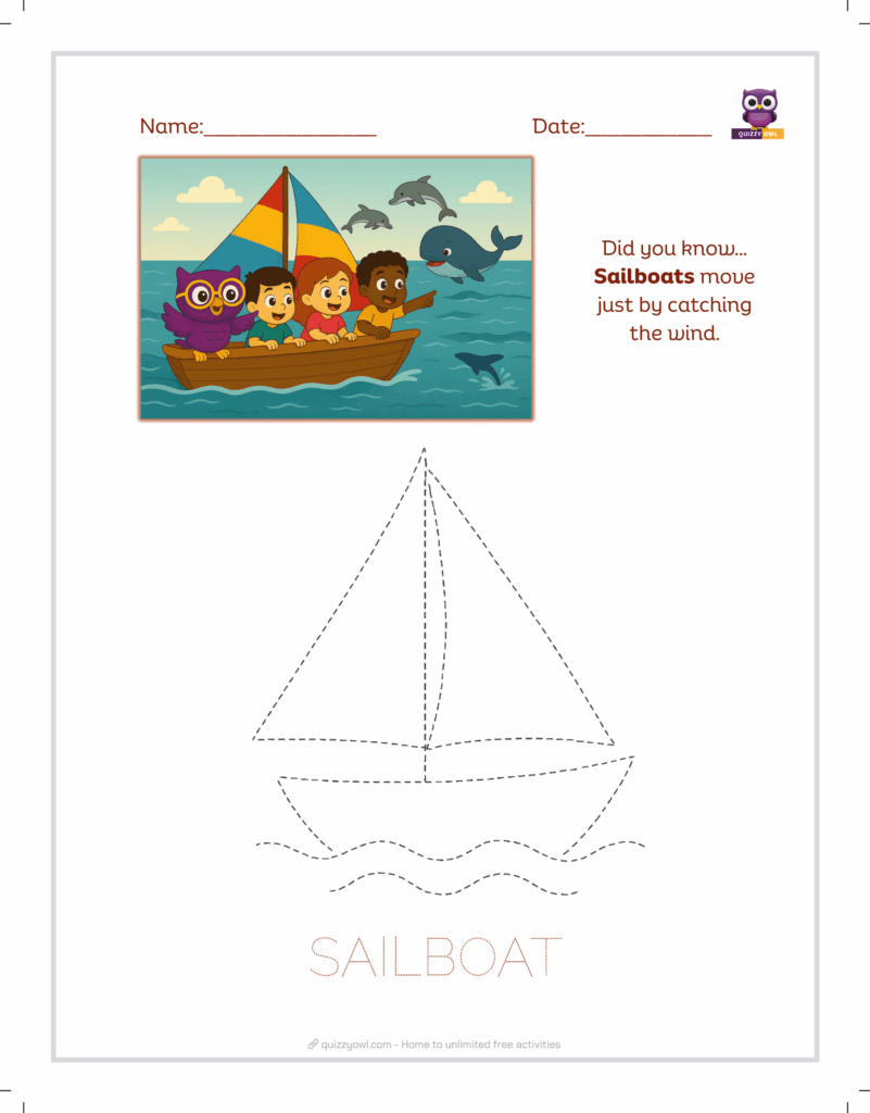 Sail boat tracing sheet for kids learning marine travel.