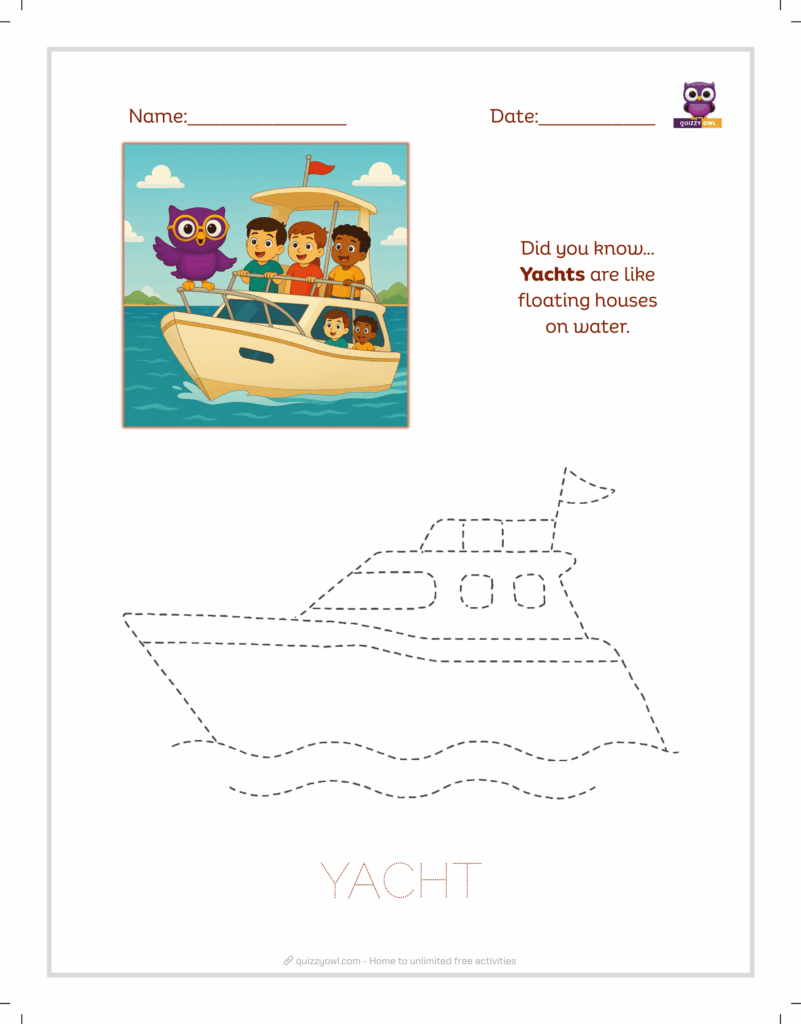 Yacht tracing sheet for kids to learn luxury water transport.