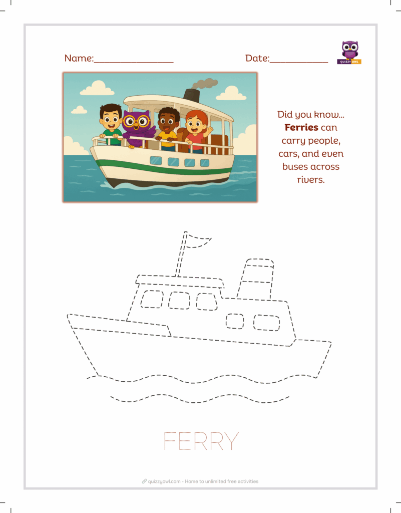 Ferry tracing sheet for kids learning passenger boats.