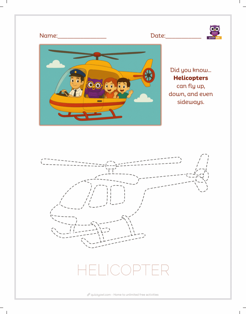 Helicopter tracing sheet for kids learning air transport.