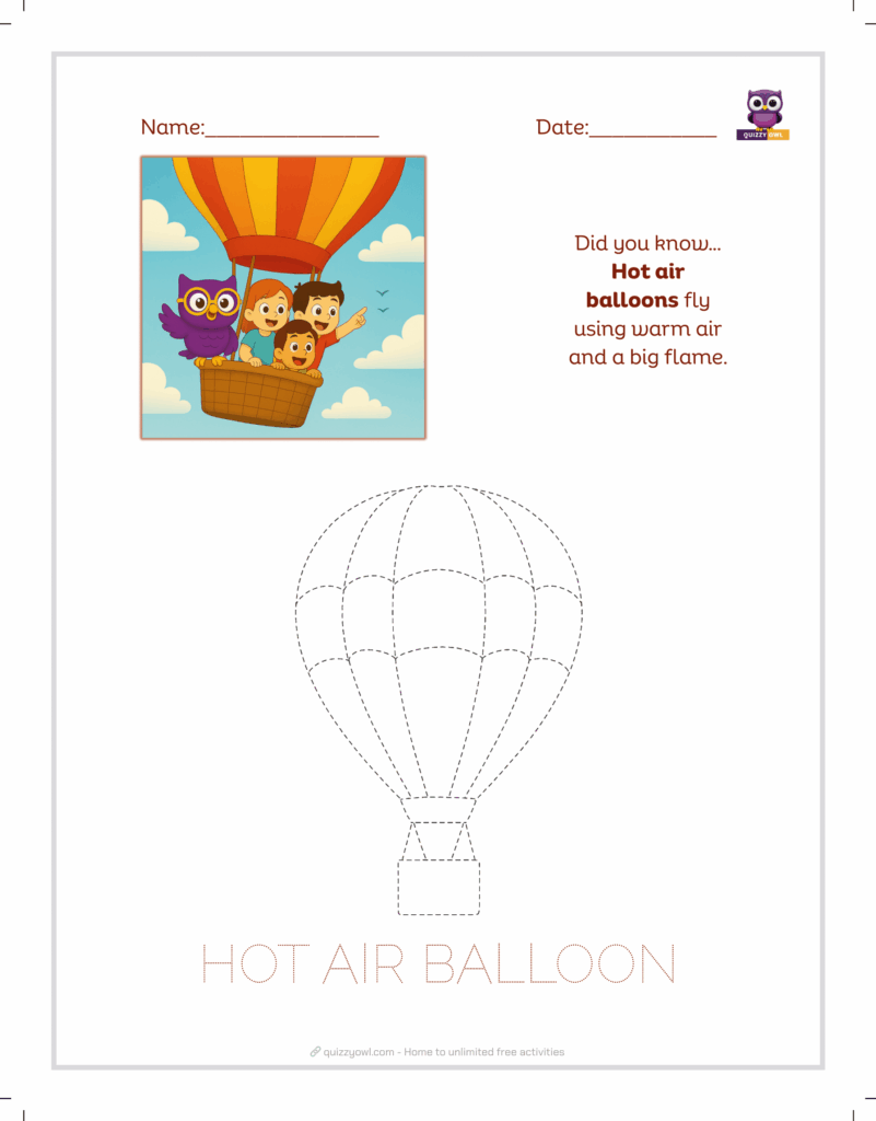 Hot air balloon tracing sheet for kids exploring sky travel.