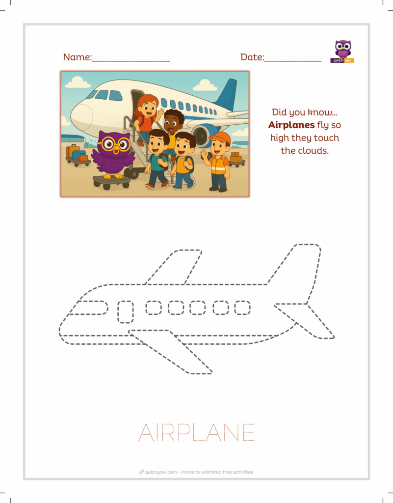 Airplane tracing sheet for kids learning about air travel.