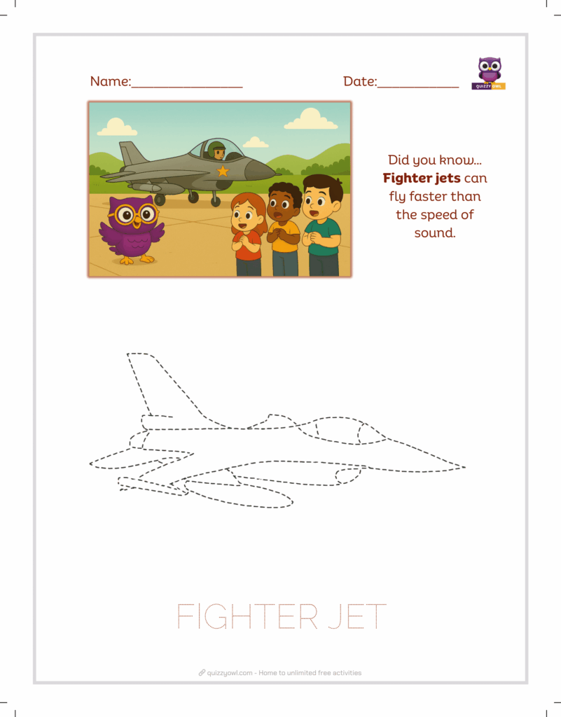 Fighter jet tracing sheet for kids learning military aircraft.
