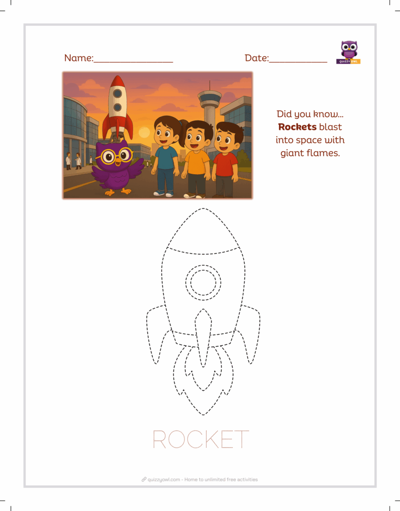Rocket tracing sheet for kids learning space vehicles.
