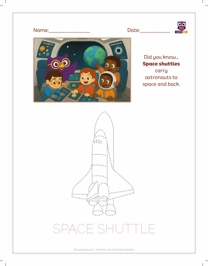 Space shuttle tracing sheet for kids learning about NASA missions.