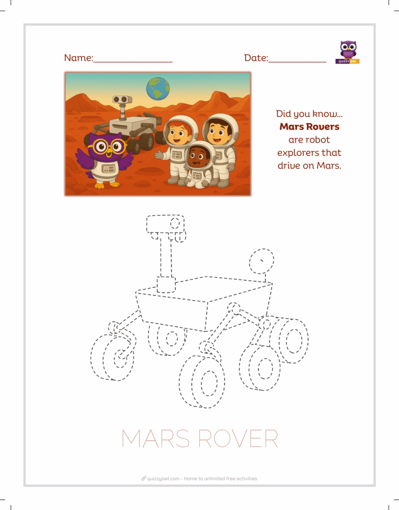 Mars rover tracing sheet for kids learning about space robots.